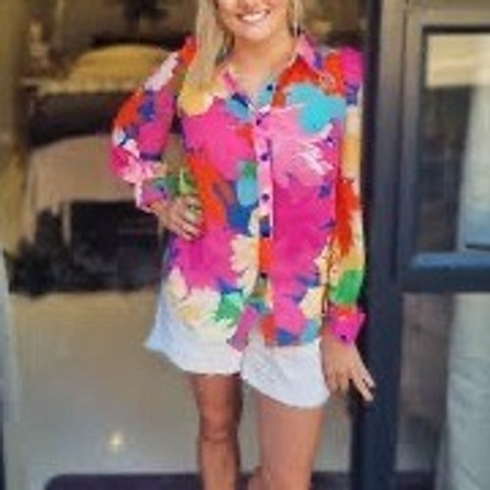NWT Jess Lea Eyes On Paradise Floral Button Up Sheer Top 3X Pink Tropical Cruise